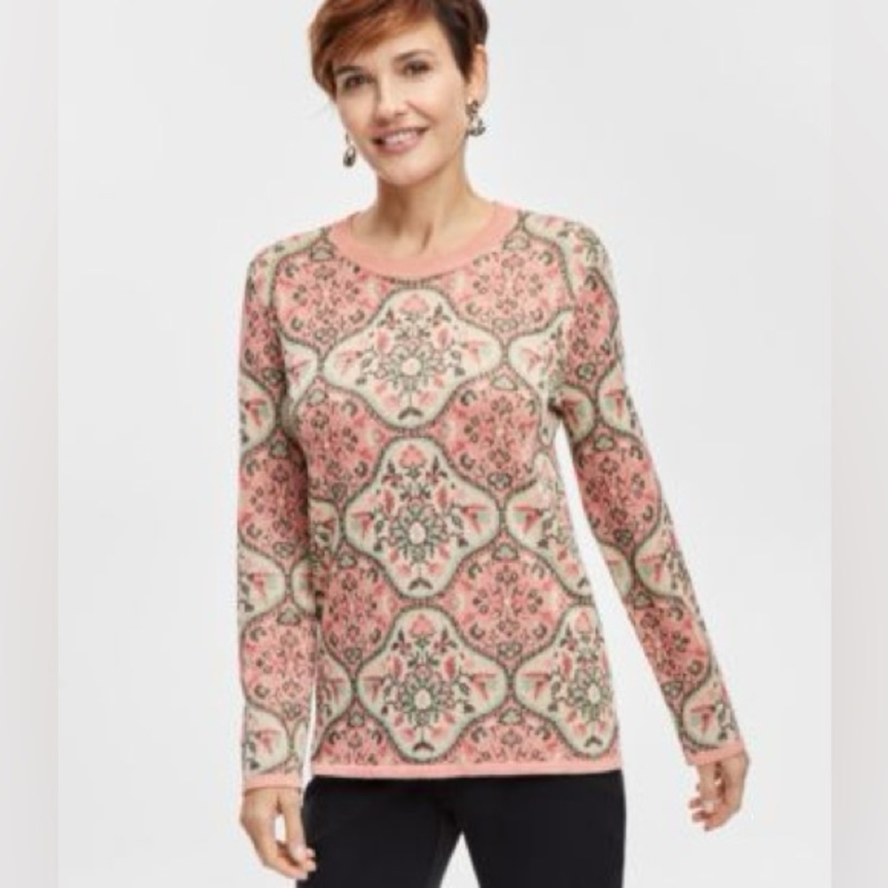 JM Collection Printed Jacquard Sweater Floral Patterned Pink & Cream Women's M